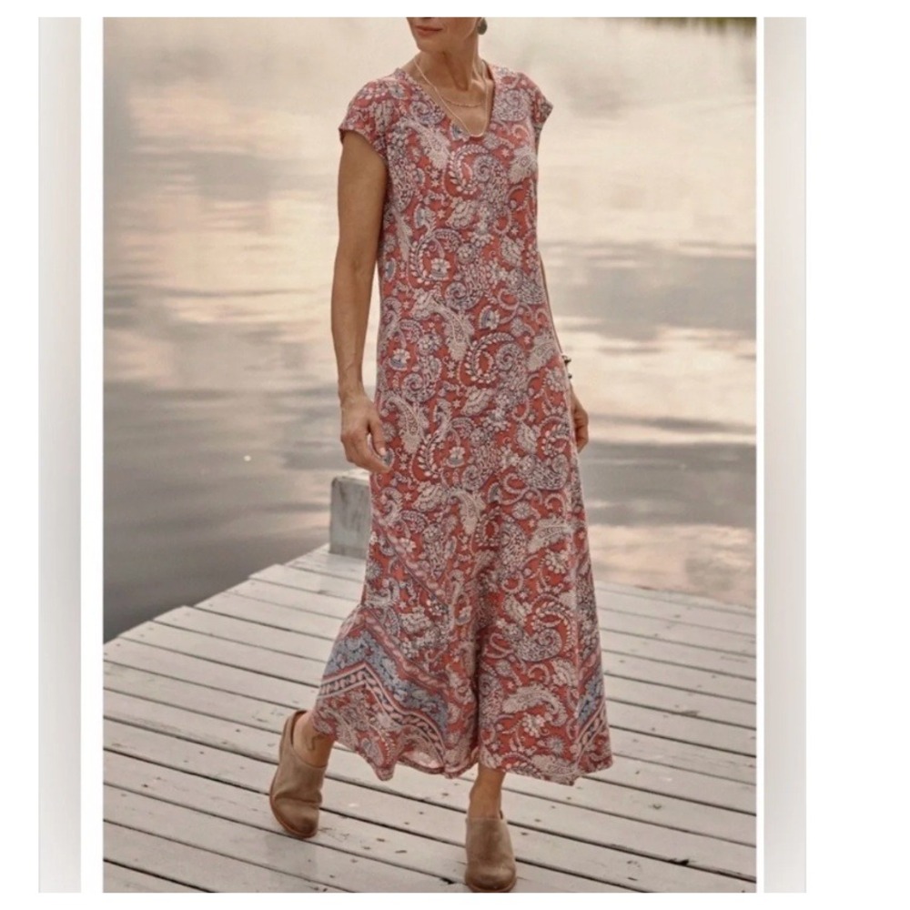 Pure Jill Women Cap sleeve A-line Maxi Dress XS Coral Paisley Coastal Vacation
